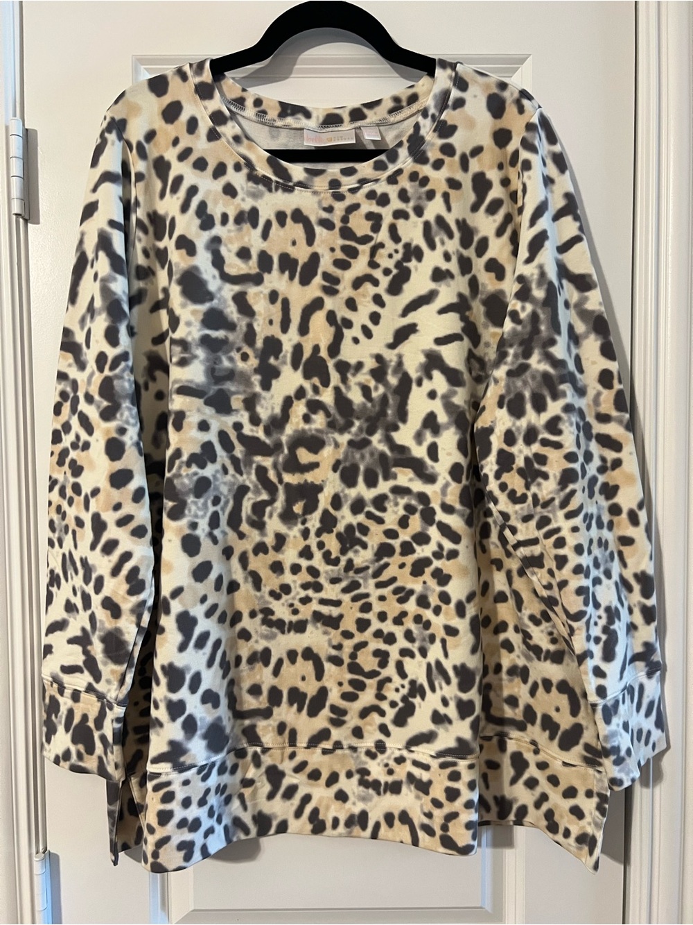 Belle by Kim Gravel Animal Print Crewneck Pullover in Beige and Grey